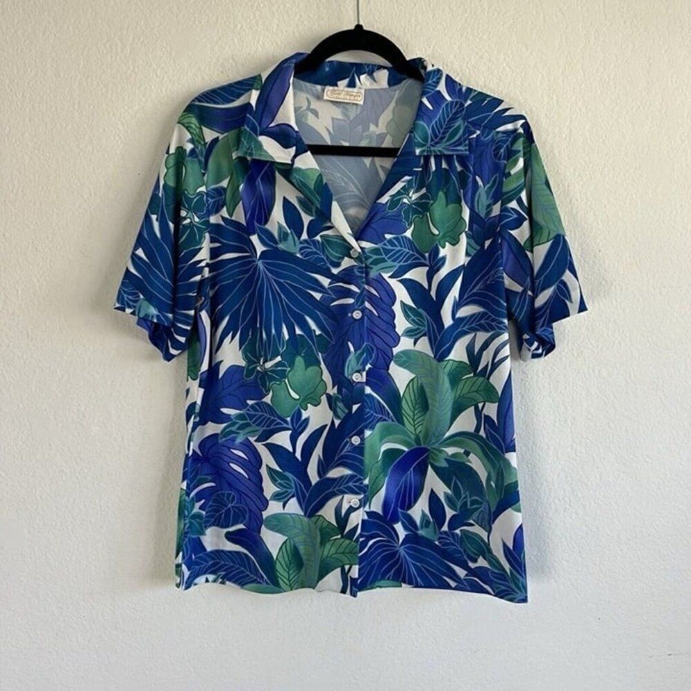 Gold Hanger Vintage 90s Women’s Blue Green Floral Button Front Blouse Size Large